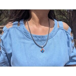 Navajo Pearls Mini Beads Necklace & Inlay Pendant‎ Handmade Signed Jewelry**